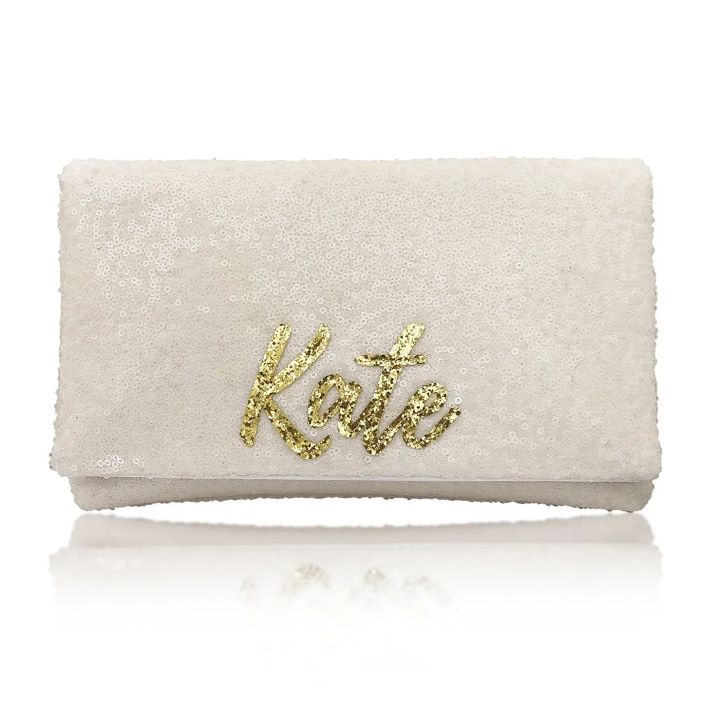 Bridesmaids gifts - set of ivory sequin personalised name clutches