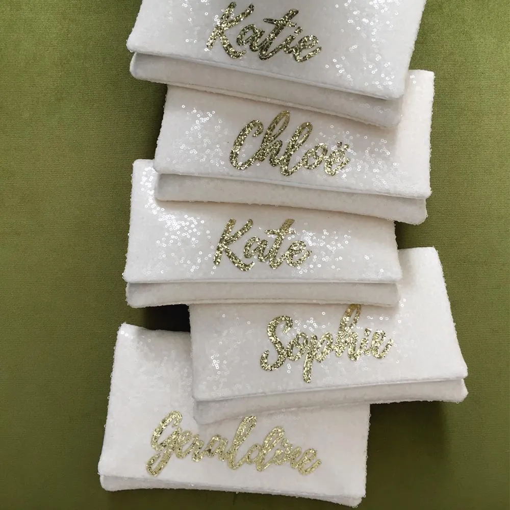 Bridesmaids gifts - set of ivory sequin personalised name clutches