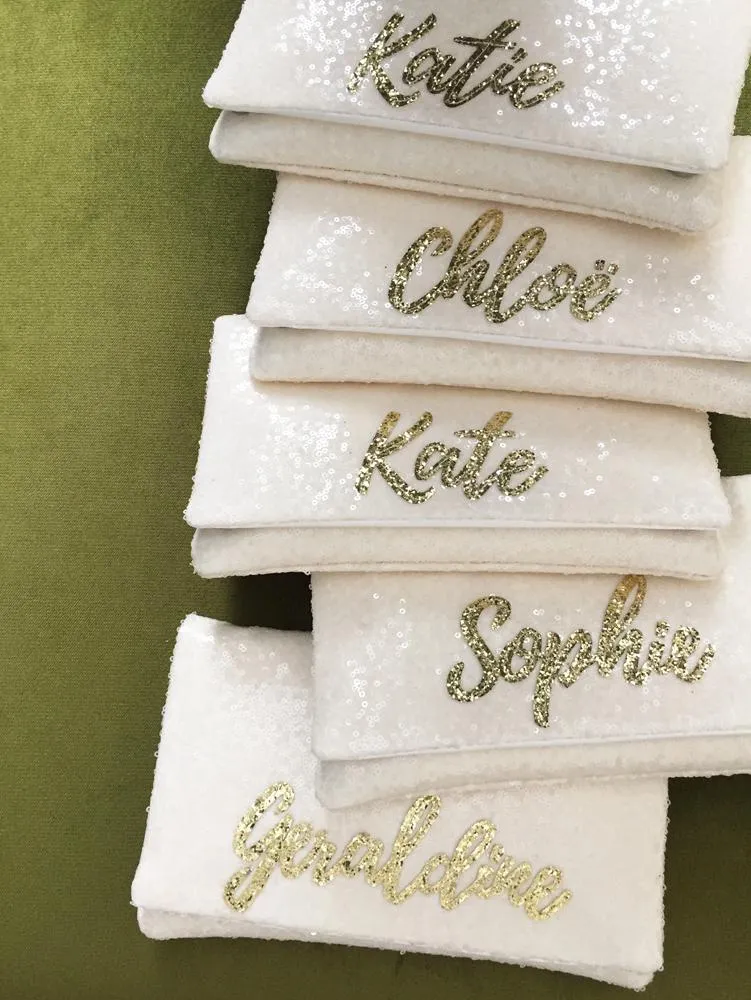 Bridesmaids gifts - set of ivory sequin personalised name clutches