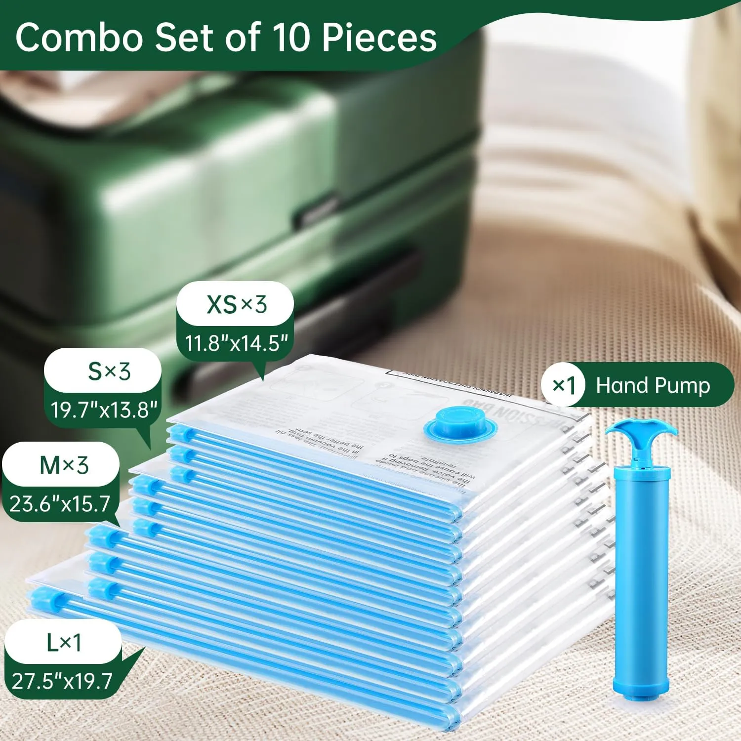 BRODI Travel Vacuum Bags With Pump - Compression Storage Bags for Space Saving & Luggage Essentials (10 Combo Pack)