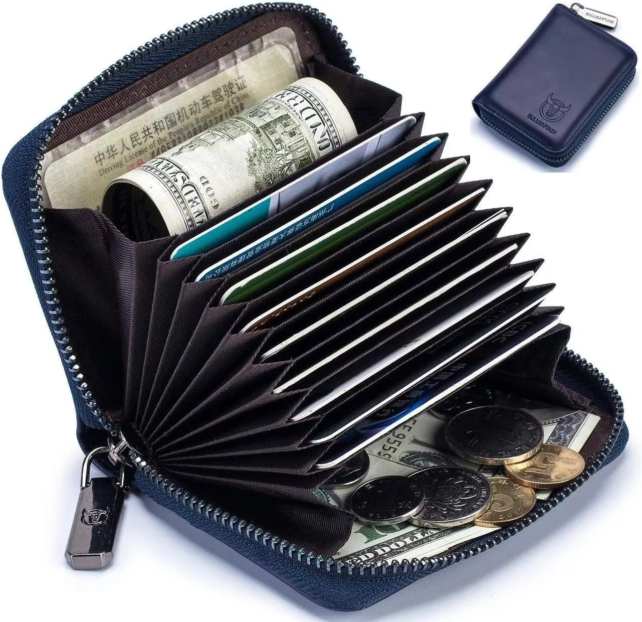 BULLCAPTAIN Genuine Leather Men Wallet Card Holder Cards Zipper Credit Card Pack Case Purse (blue)
