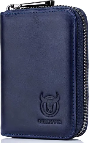 BULLCAPTAIN Genuine Leather Men Wallet Card Holder Cards Zipper Credit Card Pack Case Purse (blue)