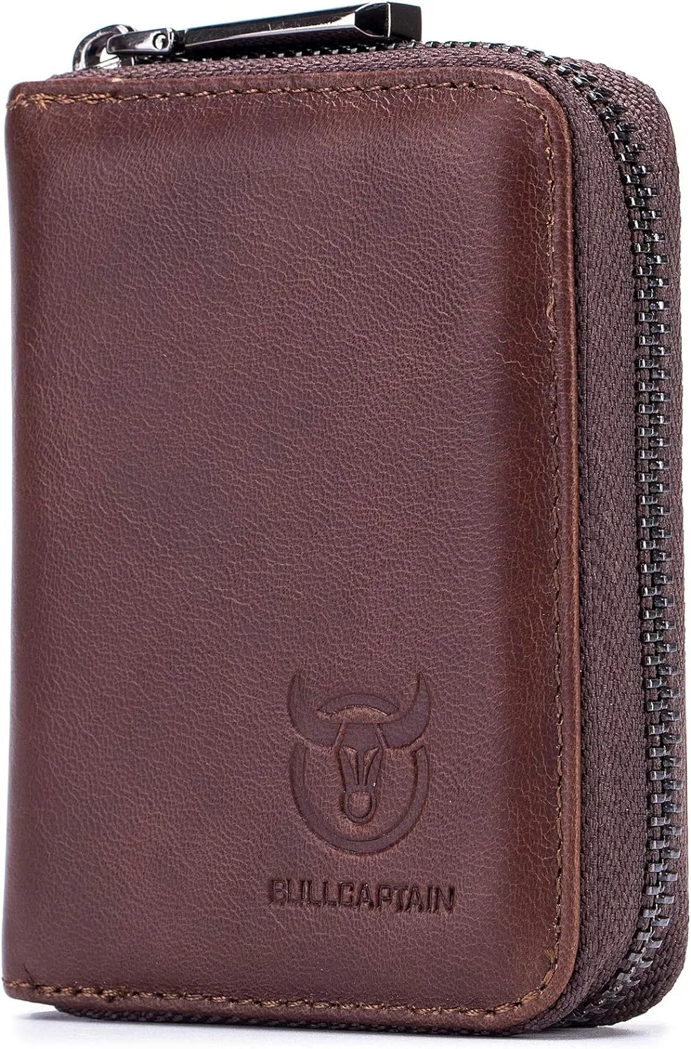 BULLCAPTAIN Genuine Leather Men Wallet Card Holder Cards Zipper Credit Card Pack Case Purse (Brown)