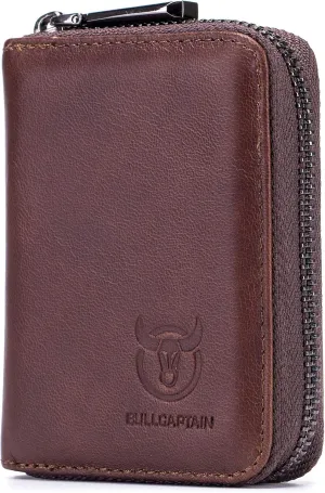 BULLCAPTAIN Genuine Leather Men Wallet Card Holder Cards Zipper Credit Card Pack Case Purse (Brown)