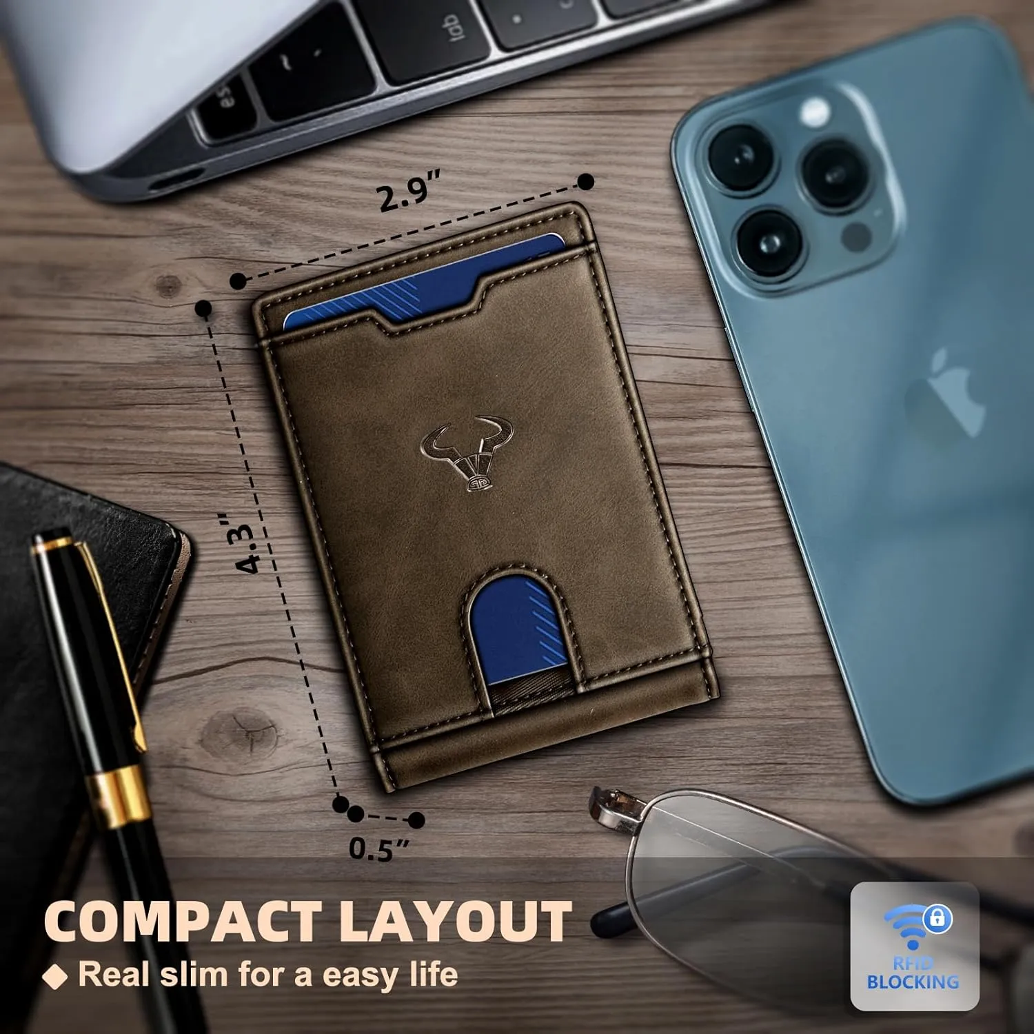BULLIANT Men Wallet, Slim Leather Wallet Money Clip for Gift Men 3"X4.3" RFID Blocking 11 Cards