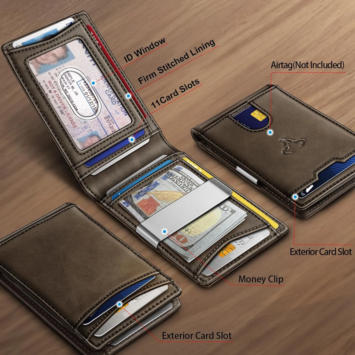 BULLIANT Men Wallet, Slim Leather Wallet Money Clip for Gift Men 3"X4.3" RFID Blocking 11 Cards