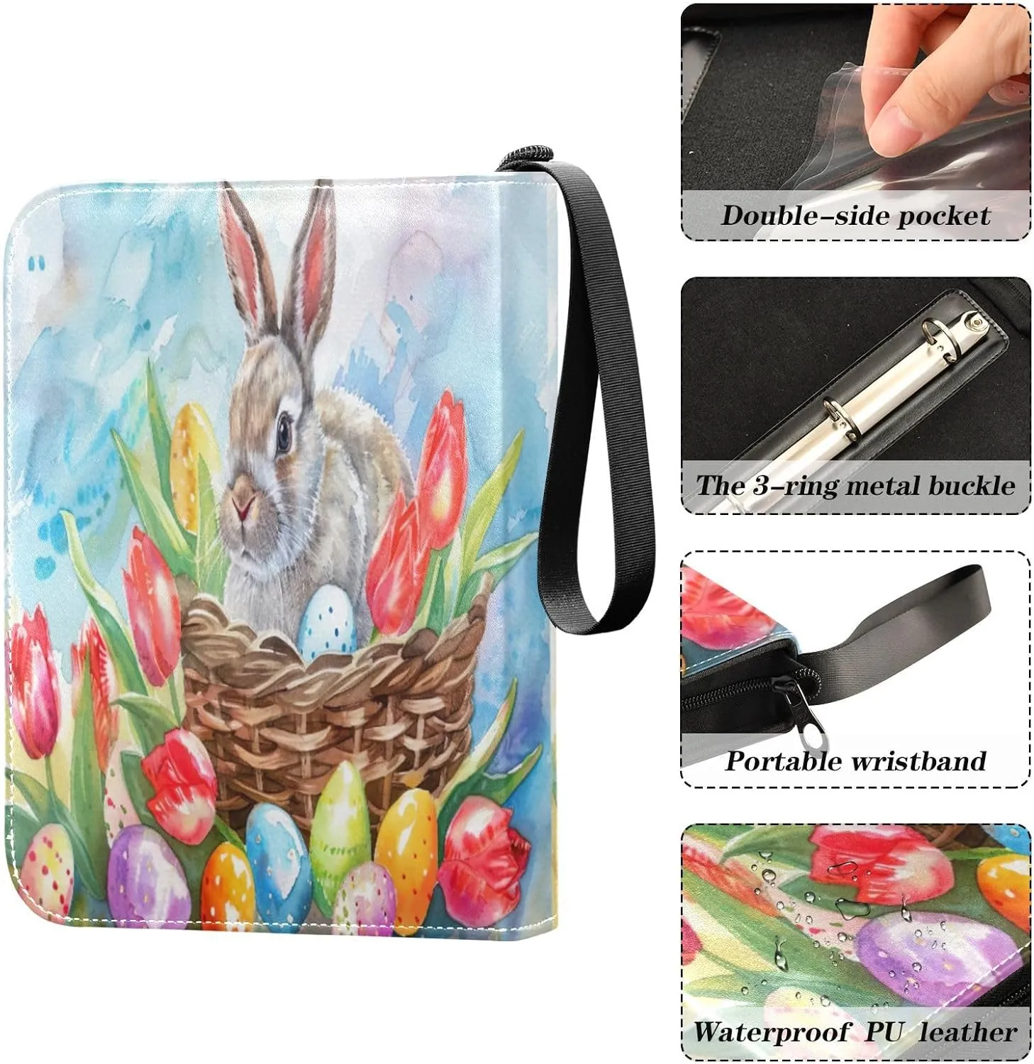 Bunny and Colorful Eggs Card Holder Binder for Trading Cards 4 Pocket Collectible Trading Card Albums 400 Cards Capacity Four Pocket Binder