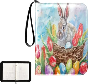 Bunny and Colorful Eggs Card Holder Binder for Trading Cards 4 Pocket Collectible Trading Card Albums 400 Cards Capacity Four Pocket Binder