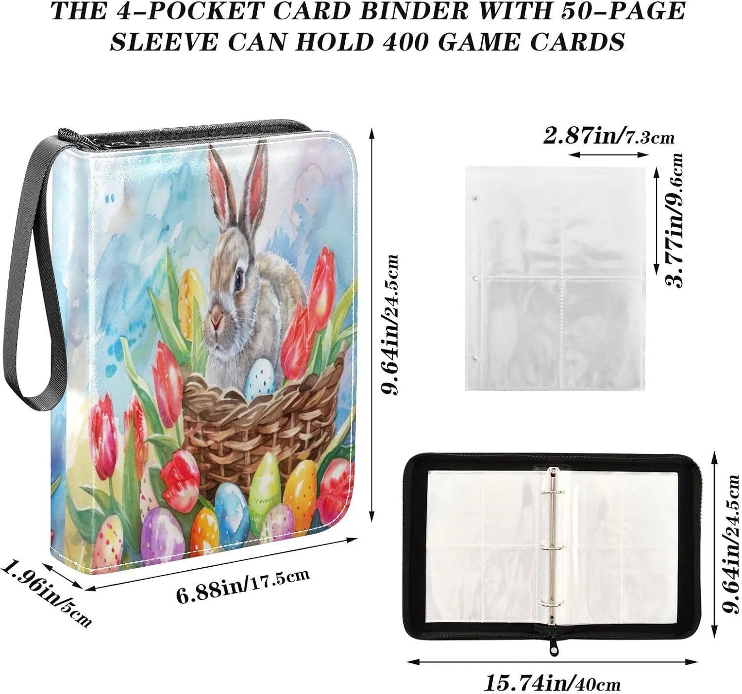 Bunny and Colorful Eggs Card Holder Binder for Trading Cards 4 Pocket Collectible Trading Card Albums 400 Cards Capacity Four Pocket Binder