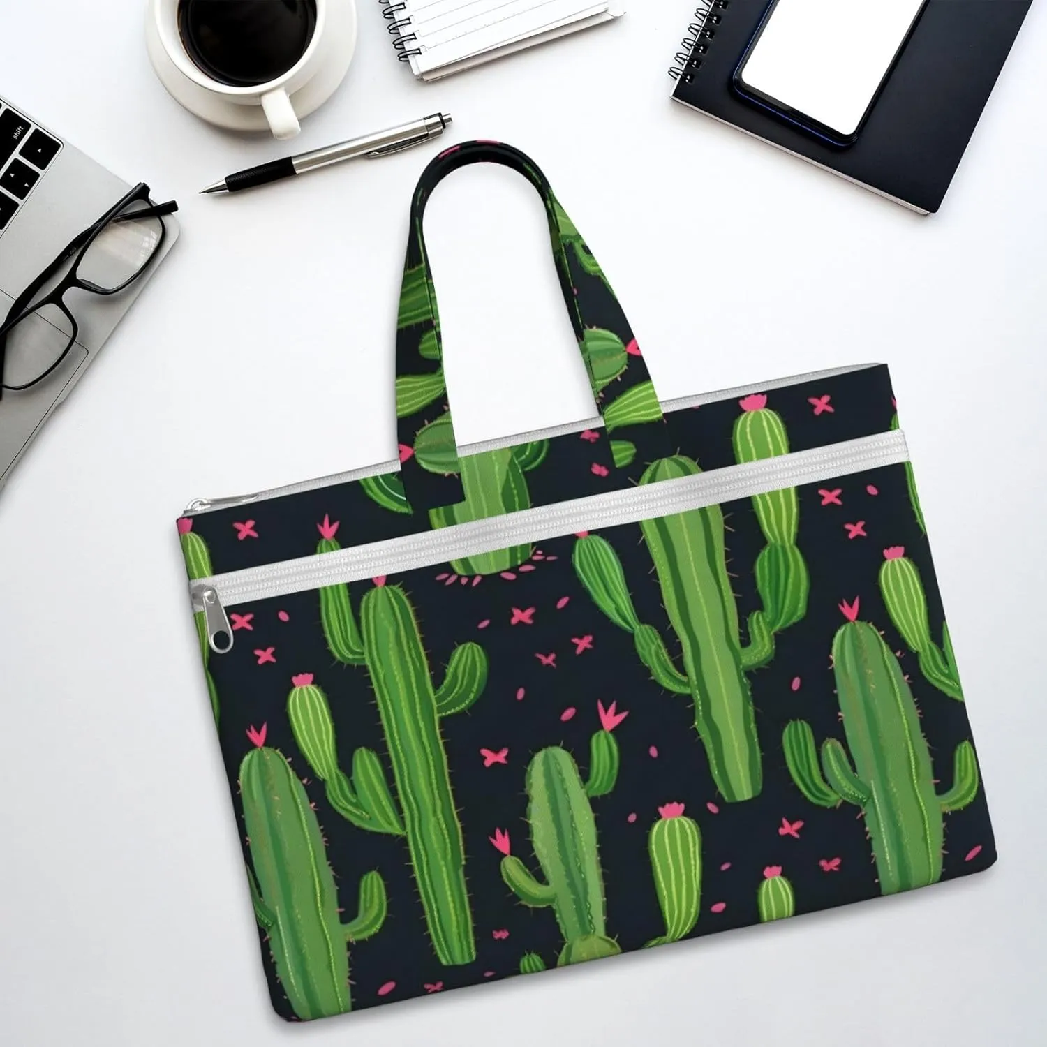 Cactus Art Canvas Document Bag A4 File Organizer for School Supplies and Study