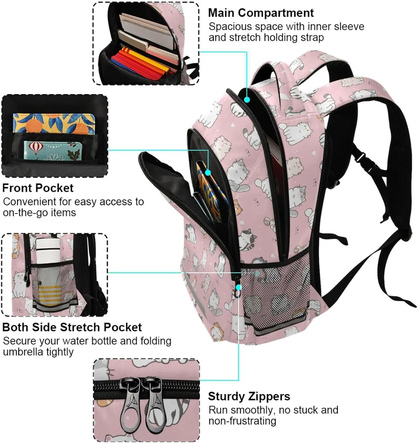 Caikeny Cat Kids Backpack Daypack Pink College School Shoulder Bag Travel Laptop Backpack Book Bag for Kids