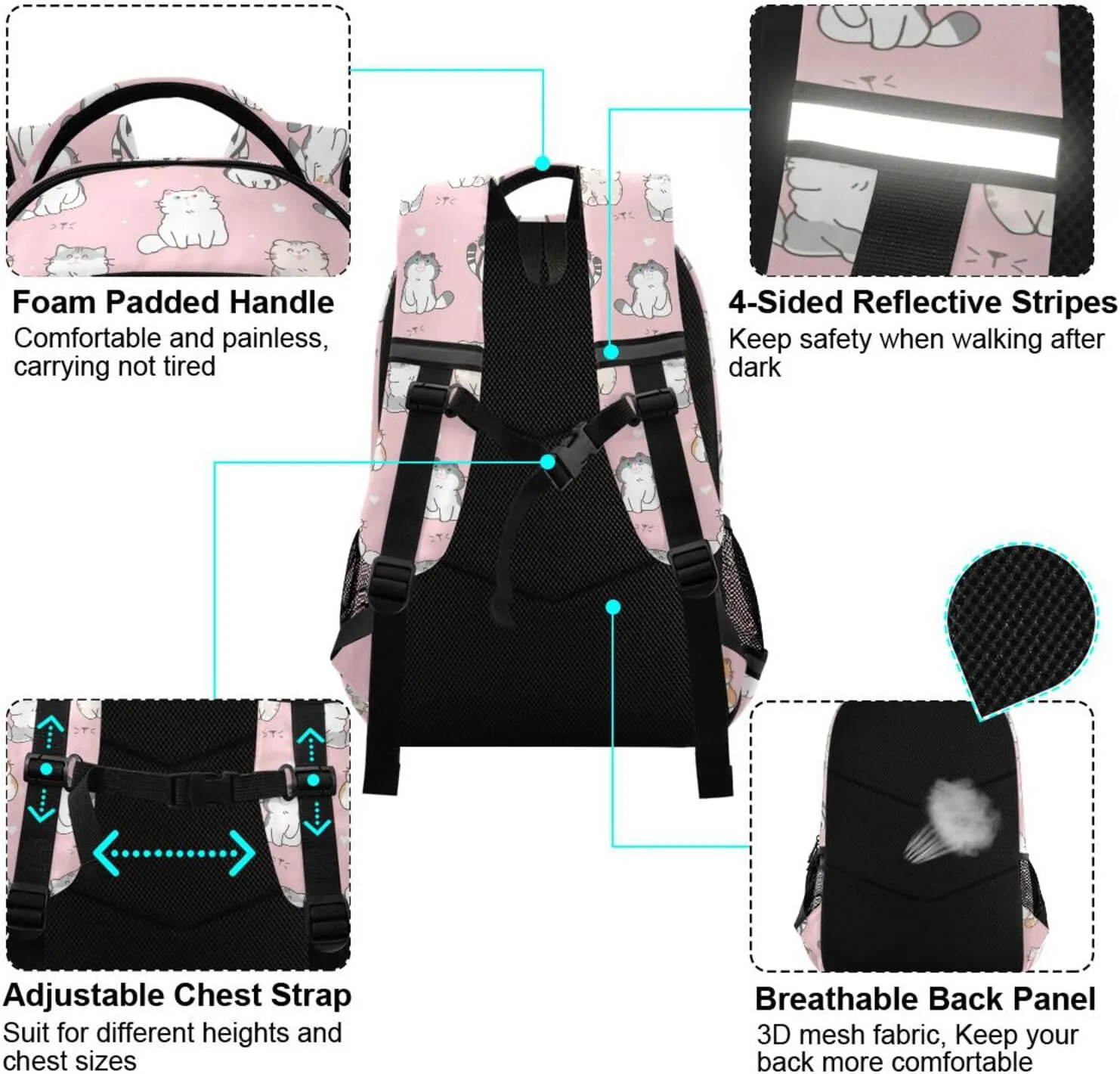 Caikeny Cat Kids Backpack Daypack Pink College School Shoulder Bag Travel Laptop Backpack Book Bag for Kids