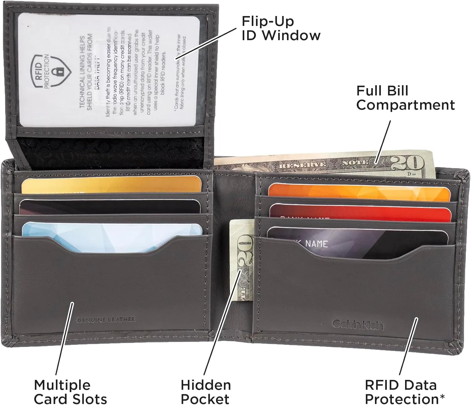 Calvin Klein Men's RFID Leather Minimalist Bifold Wallet with Multiple Card Slots and ID Window