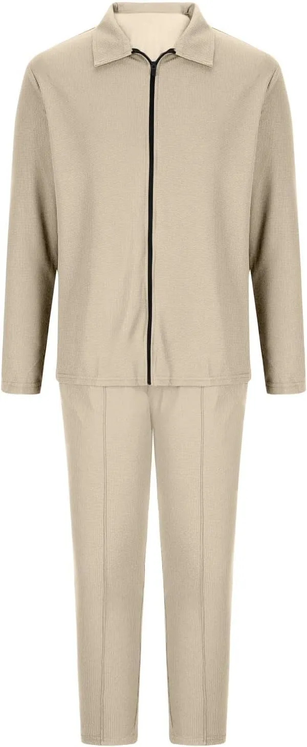 Cambkatl Men's Waffle Knit Tracksuits Lapel Collar Full Zip Up Long Sleeve Jacket 2 Piece Casual Athletic Jogging Outfits