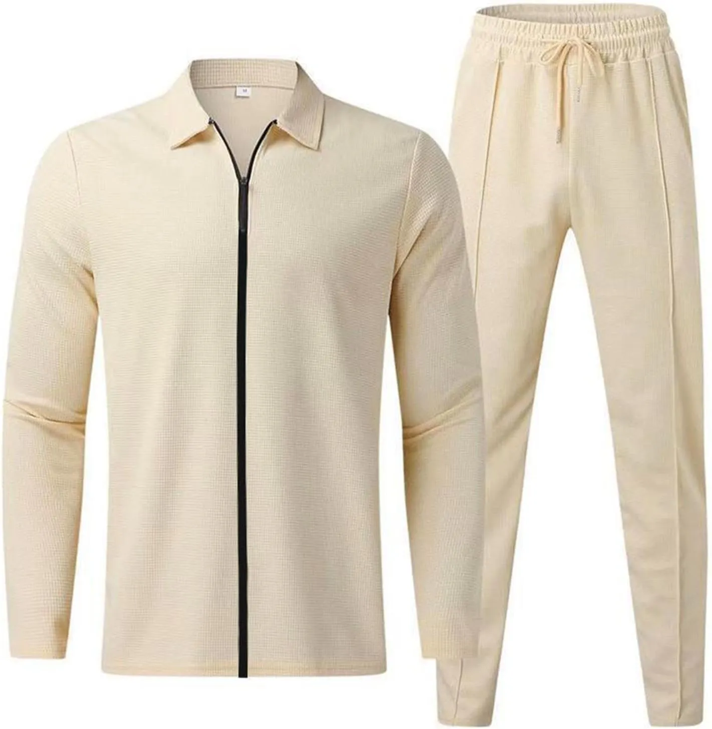Cambkatl Men's Waffle Knit Tracksuits Lapel Collar Full Zip Up Long Sleeve Jacket 2 Piece Casual Athletic Jogging Outfits