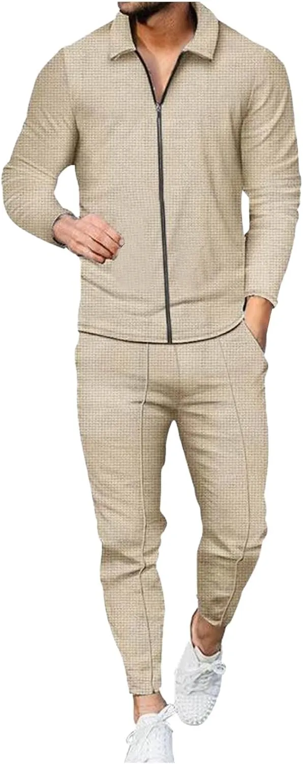 Cambkatl Men's Waffle Knit Tracksuits Lapel Collar Full Zip Up Long Sleeve Jacket 2 Piece Casual Athletic Jogging Outfits