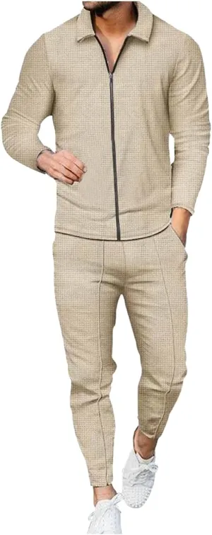 Cambkatl Men's Waffle Knit Tracksuits Lapel Collar Full Zip Up Long Sleeve Jacket 2 Piece Casual Athletic Jogging Outfits