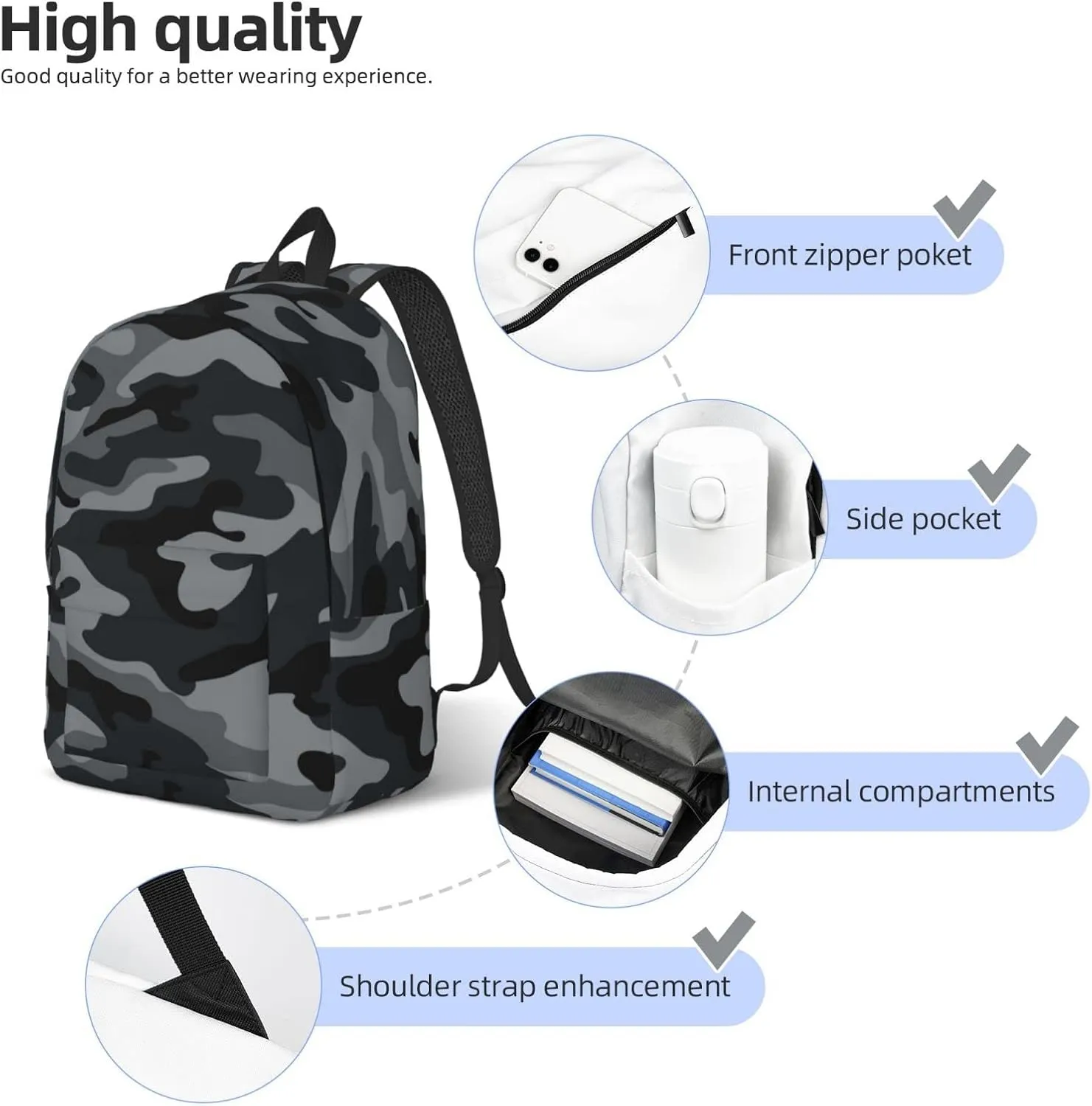 Camouflage Camo Grey Backpack 17.7 Inch Laptop Backpack Travel Hiking Daypack Multipurpose Book Bag For Men Women Teens Boys Girls