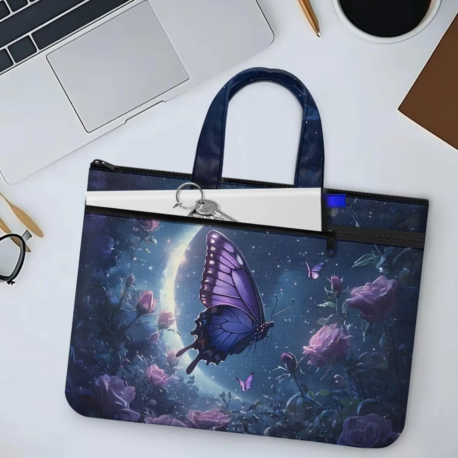 Canvas Document Bag with Zipper Portable Briefcase Portfolio Folder 2 Compartments Handbag Meeting Office Organizer Briefcase