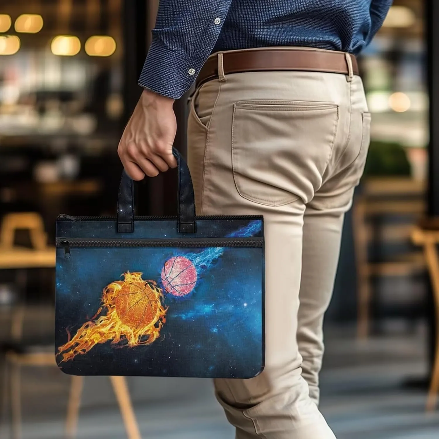 Canvas Document Bag with Zipper Portable Briefcase Portfolio Folder 2 Compartments Handbag Meeting Office Organizer Briefcase