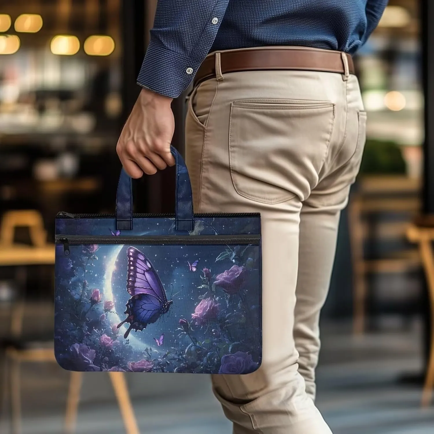 Canvas Document Bag with Zipper Portable Briefcase Portfolio Folder 2 Compartments Handbag Meeting Office Organizer Briefcase