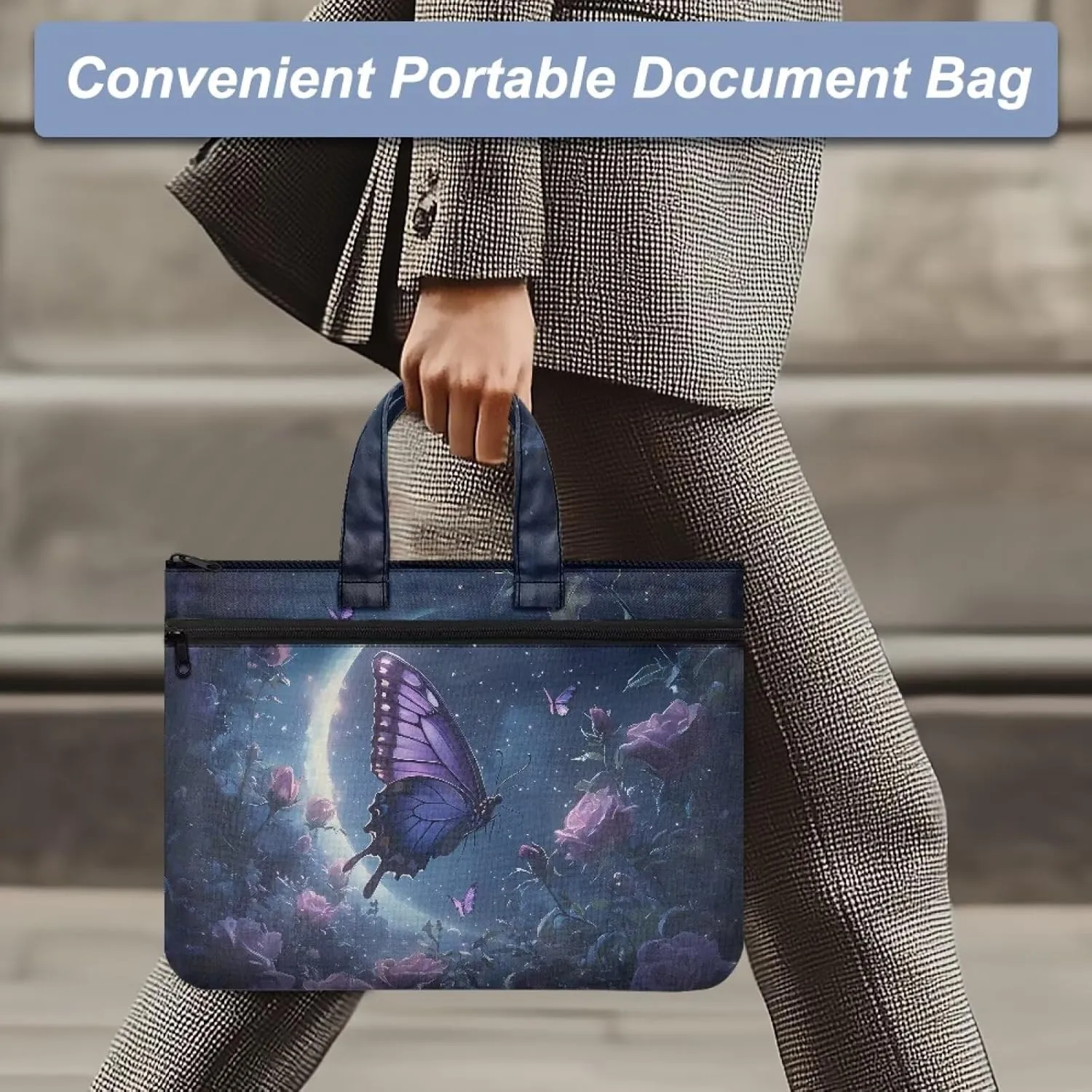 Canvas Document Bag with Zipper Portable Briefcase Portfolio Folder 2 Compartments Handbag Meeting Office Organizer Briefcase