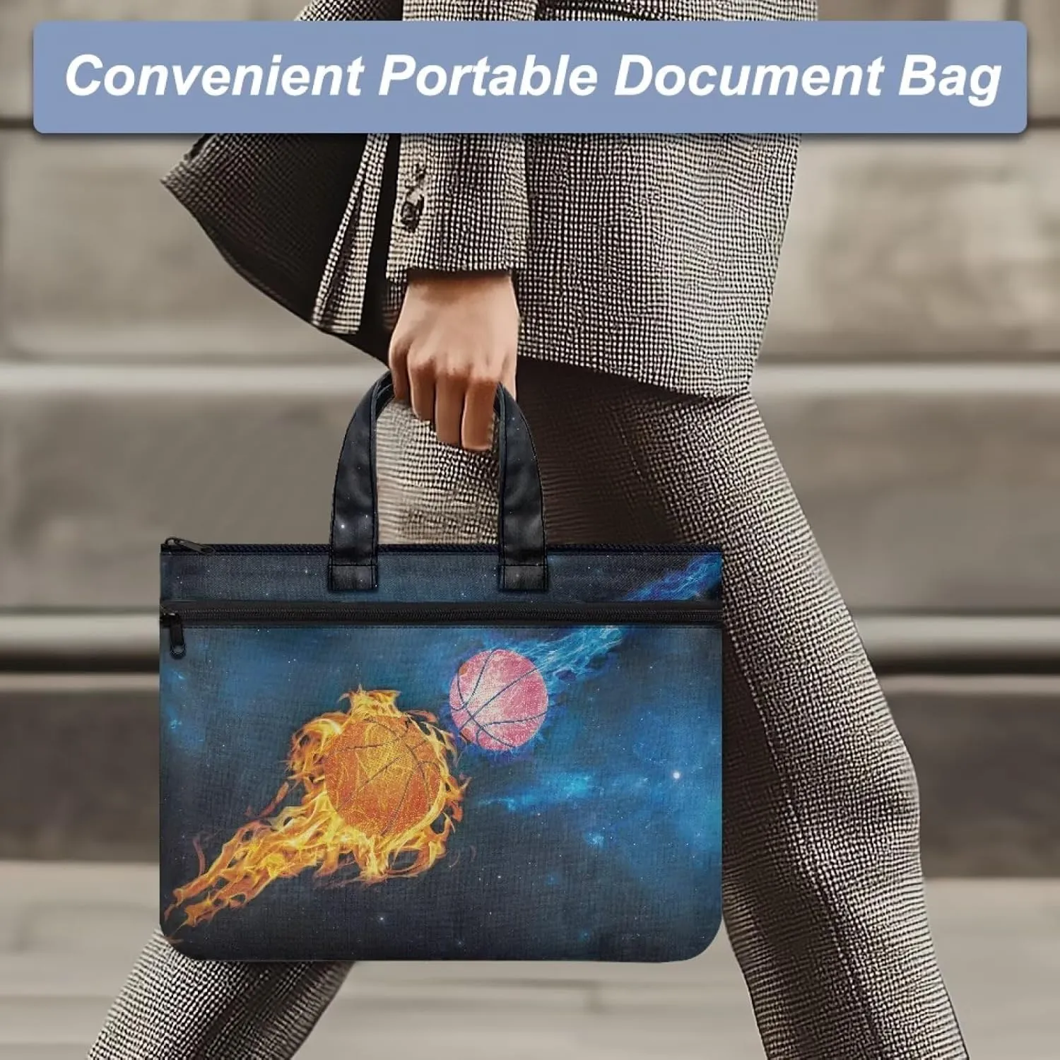 Canvas Document Bag with Zipper Portable Briefcase Portfolio Folder 2 Compartments Handbag Meeting Office Organizer Briefcase