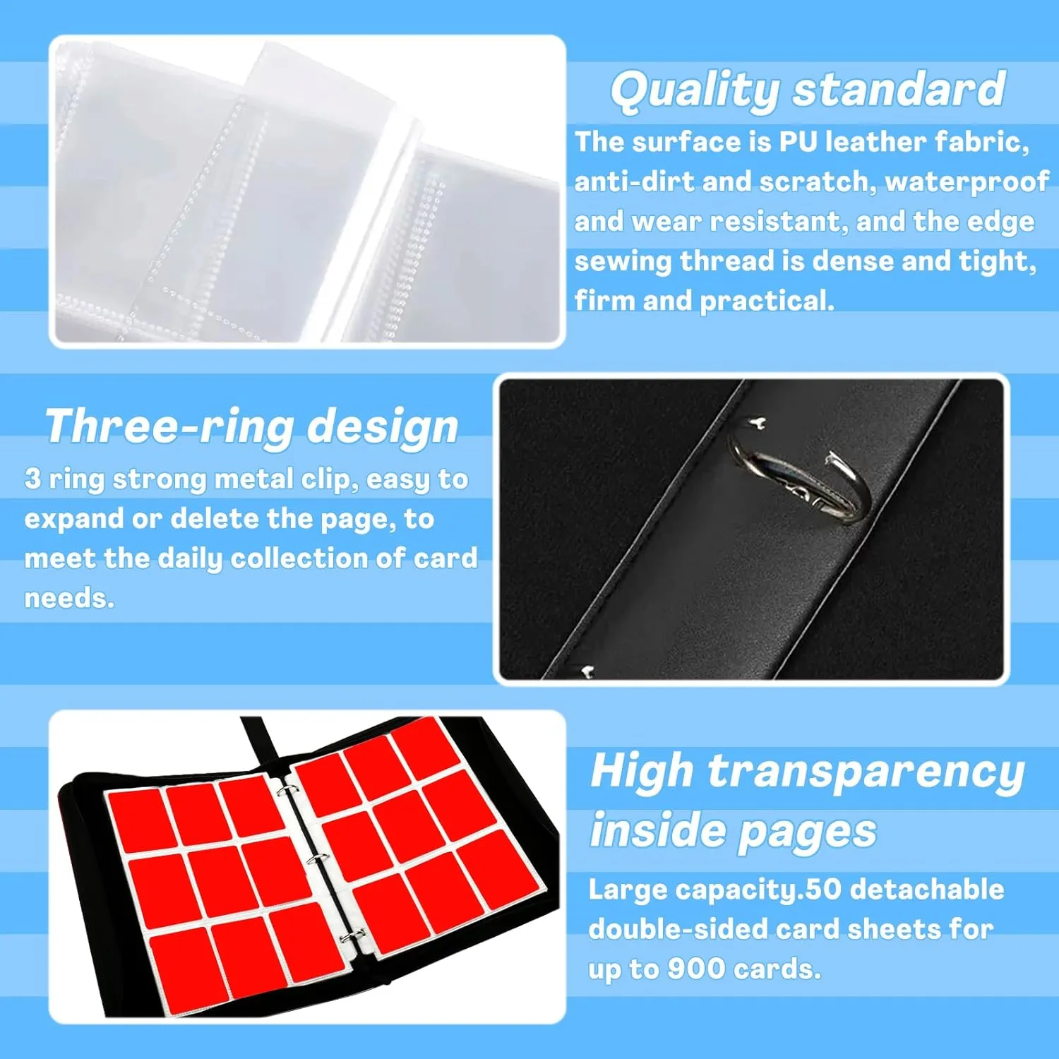 Card Binder with 9 Pockets, Trade Binder Fits 900 Cards with 50 Pages, Portable Collection Card Book, Game Sports Card with Photo Albums with Zipper for Gifts-Blue