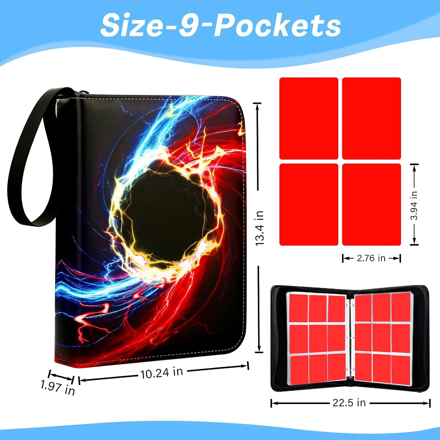 Card Binder with 9 Pockets, Trade Binder Fits 900 Cards with 50 Pages, Portable Collection Card Book, Game Sports Card with Photo Albums with Zipper for Gifts-Blue