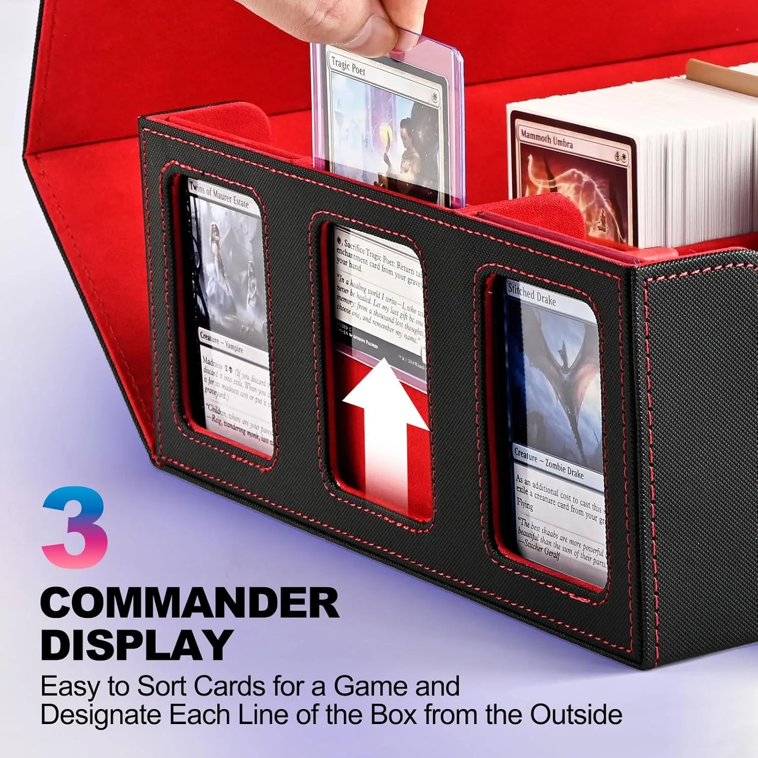 Card Storage Box for Trading Cards, 1800  Commander Deck Box for MTG with Display Window, Toploader Card Case fits Magic TCG PTCG Sports Cards; 10 Removable Divider, 3 Stoppers (Black, Red)