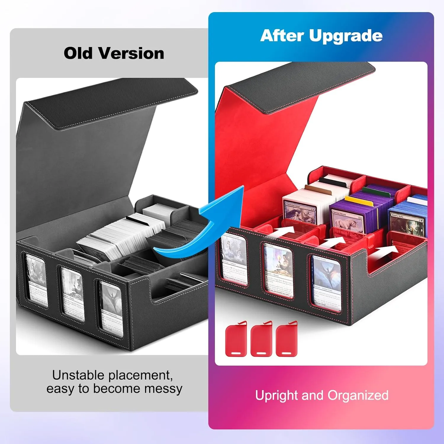 Card Storage Box for Trading Cards, 1800  Commander Deck Box for MTG with Display Window, Toploader Card Case fits Magic TCG PTCG Sports Cards; 10 Removable Divider, 3 Stoppers (Black, Red)