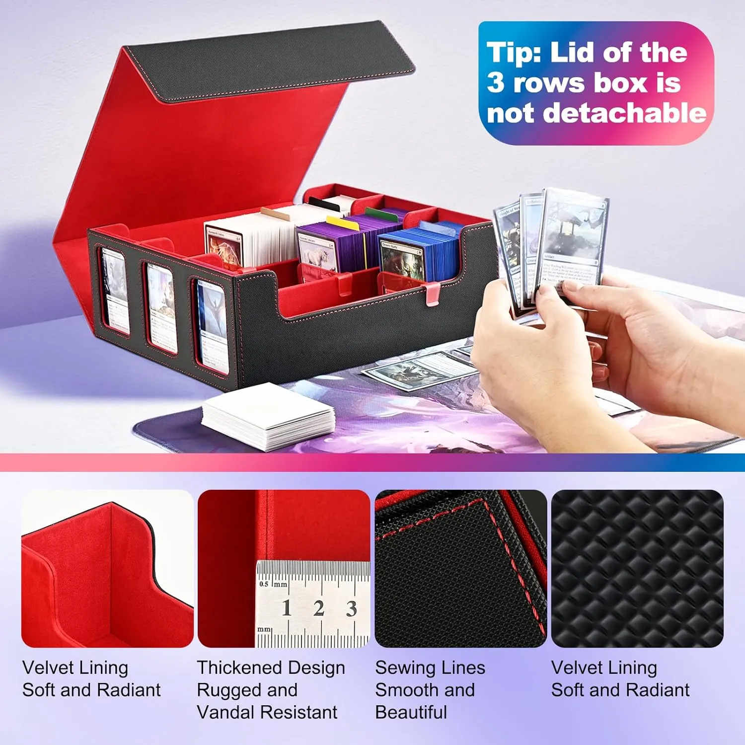 Card Storage Box for Trading Cards, 1800  Commander Deck Box for MTG with Display Window, Toploader Card Case fits Magic TCG PTCG Sports Cards; 10 Removable Divider, 3 Stoppers (Black, Red)
