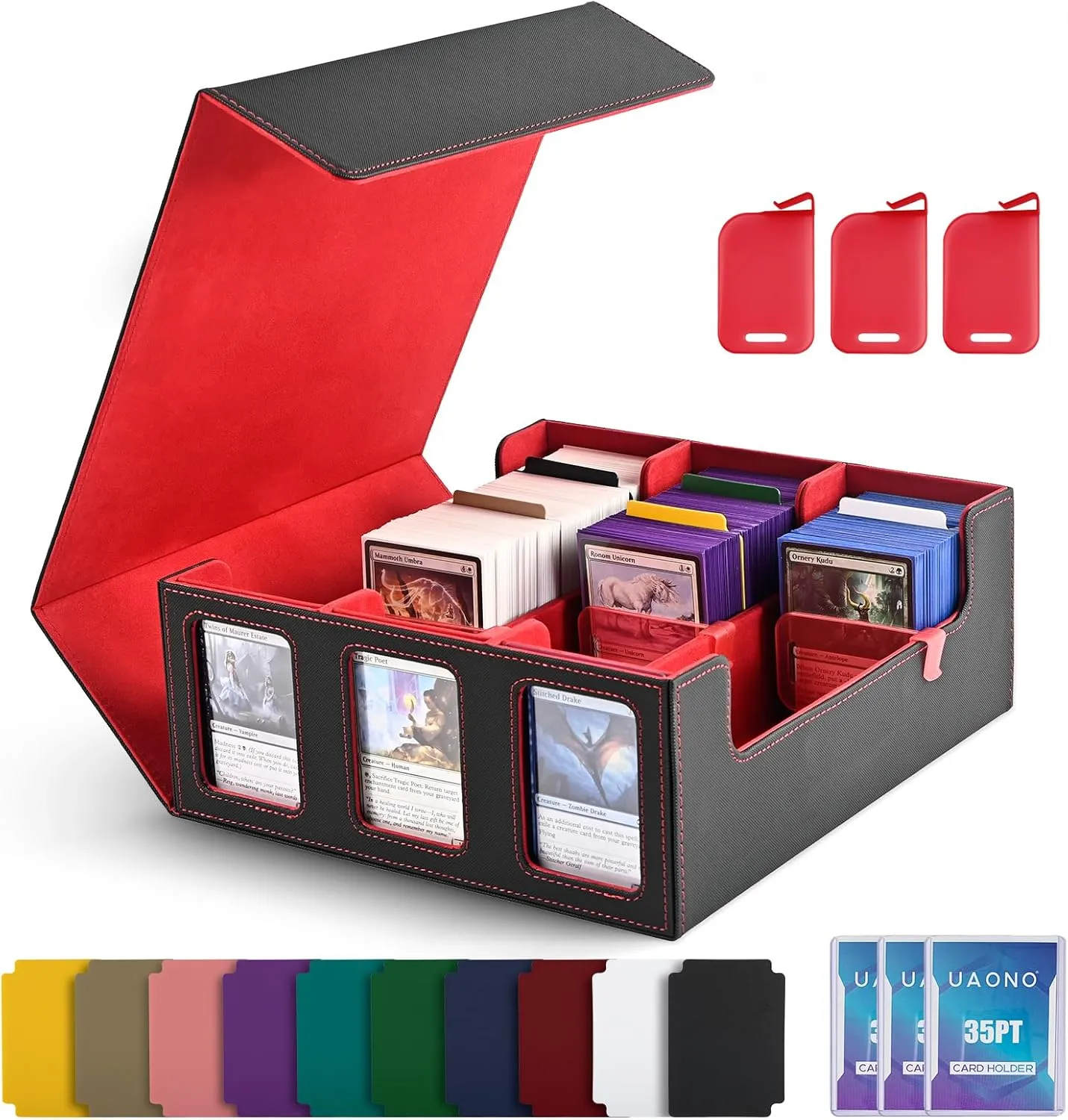 Card Storage Box for Trading Cards, 1800  Commander Deck Box for MTG with Display Window, Toploader Card Case fits Magic TCG PTCG Sports Cards; 10 Removable Divider, 3 Stoppers (Black, Red)