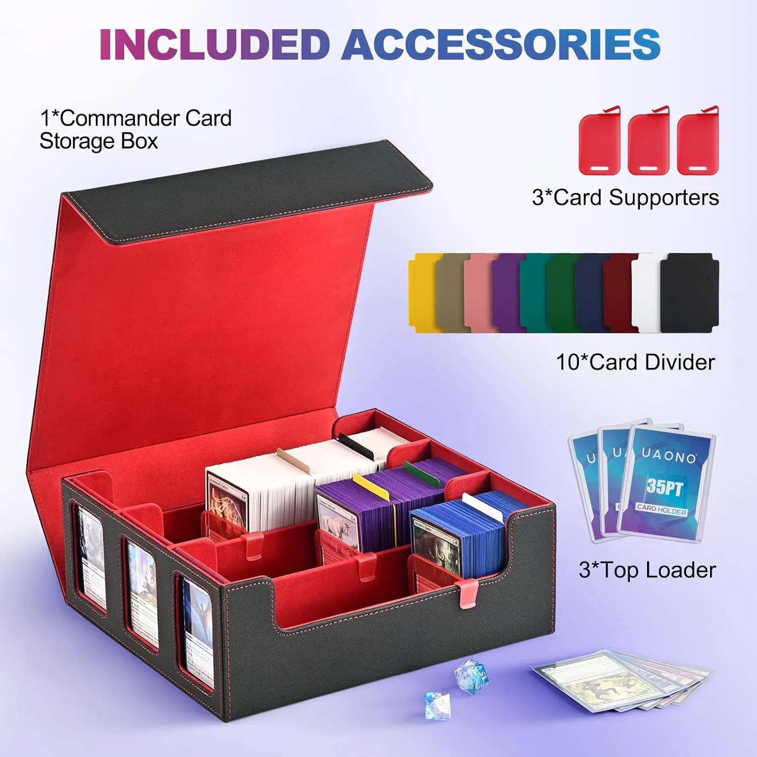 Card Storage Box for Trading Cards, 1800  Commander Deck Box for MTG with Display Window, Toploader Card Case fits Magic TCG PTCG Sports Cards; 10 Removable Divider, 3 Stoppers (Black, Red)