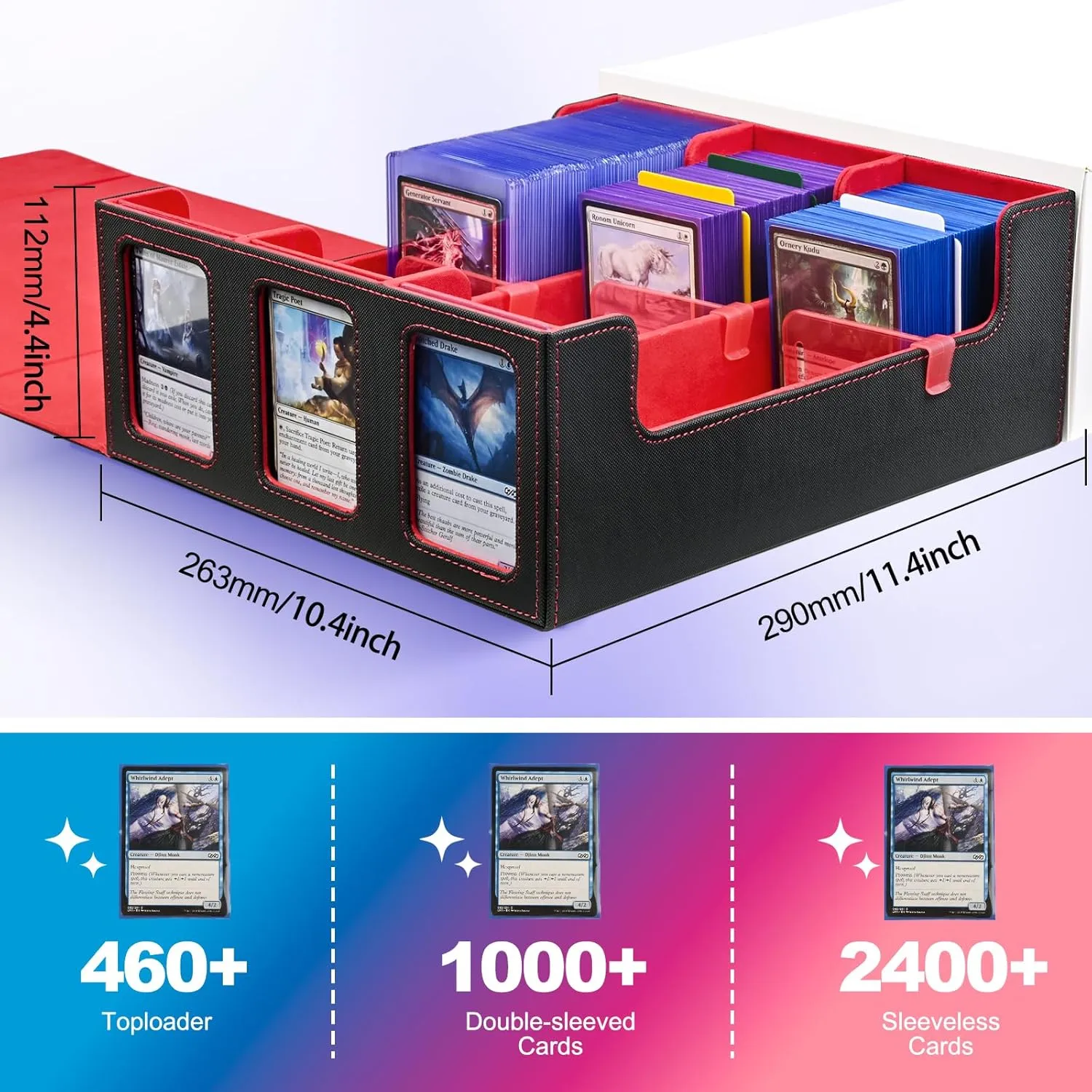 Card Storage Box for Trading Cards, 1800  Commander Deck Box for MTG with Display Window, Toploader Card Case fits Magic TCG PTCG Sports Cards; 10 Removable Divider, 3 Stoppers (Black, Red)