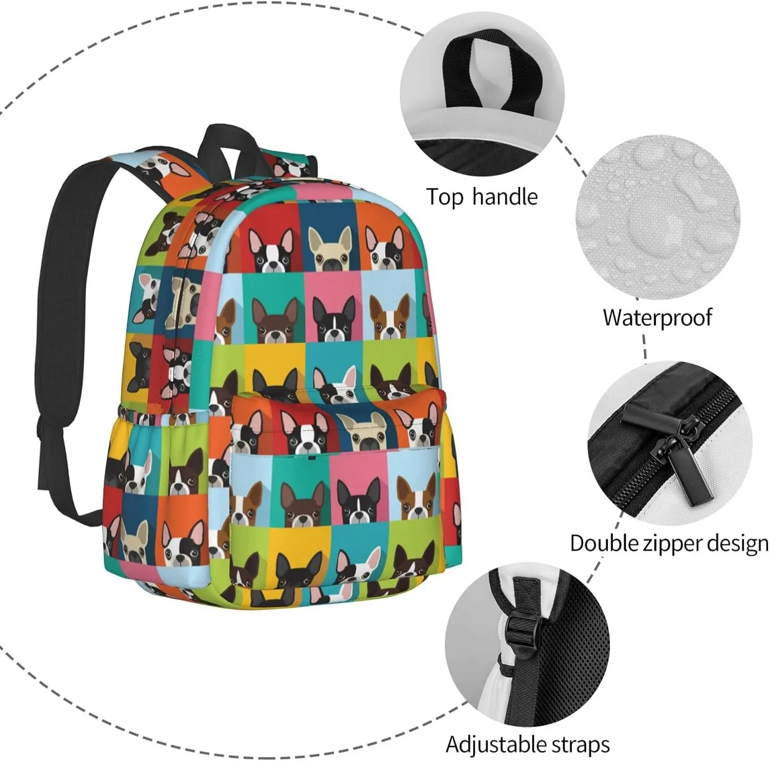 Cartoon Boston Terriers Bulldog Waterproof Backpack Adjustable Shoulder Straps Bag Large Capacity Casual Daypack Bookbag For Travel Work