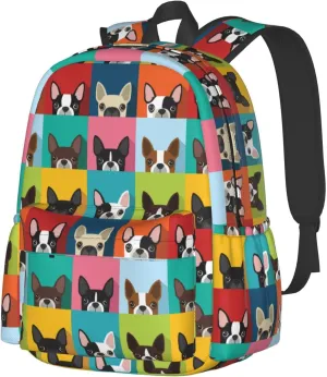 Cartoon Boston Terriers Bulldog Waterproof Backpack Adjustable Shoulder Straps Bag Large Capacity Casual Daypack Bookbag For Travel Work