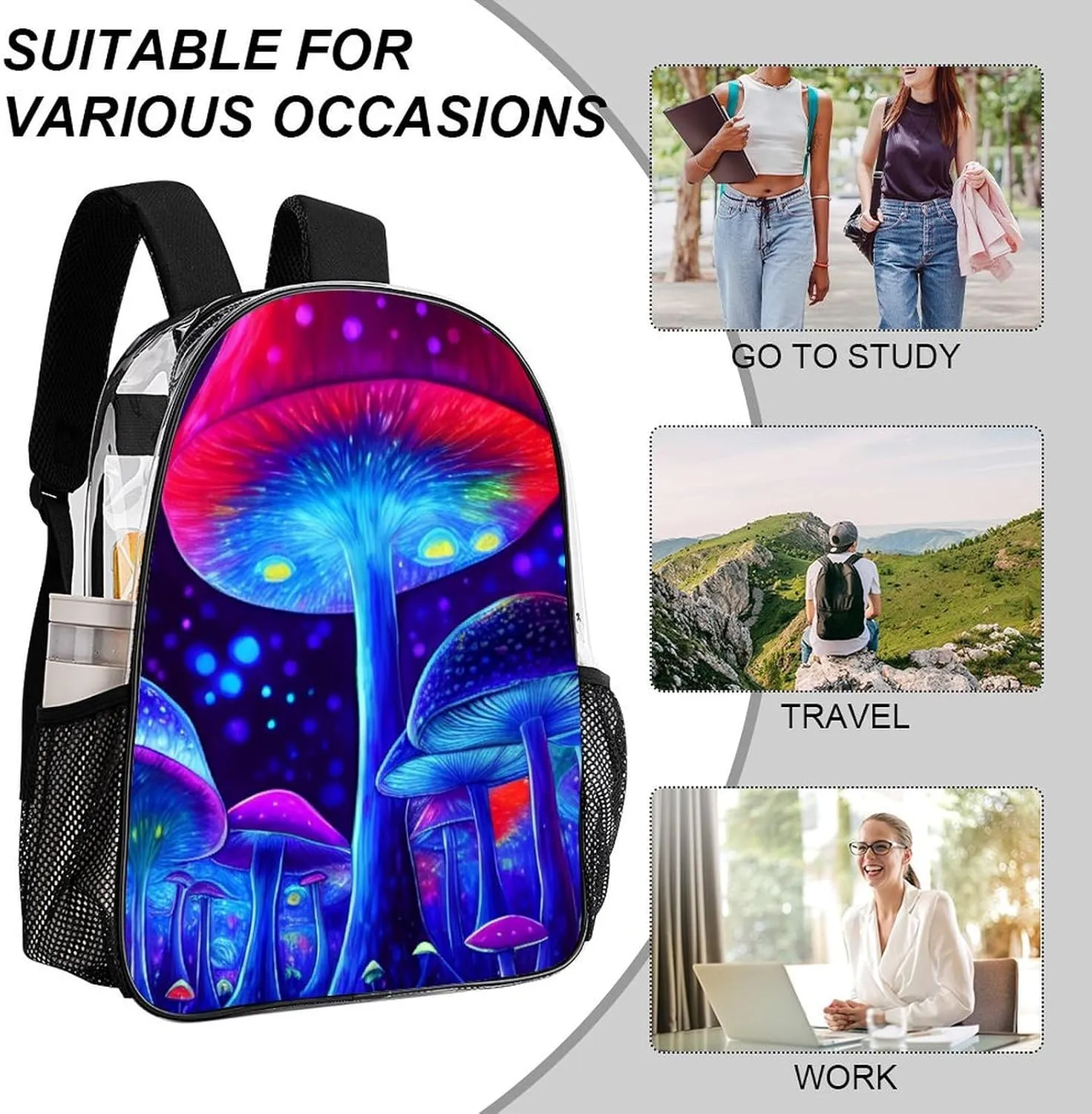 Casual Daypack Multipurpose Anti-Theft Large Capacity Carry On Bag - Magic Mushrooms Fairytale Mushrooms Scenery Psychedelic Art Casual Daypack Climbing Shoulder Transparent Bag