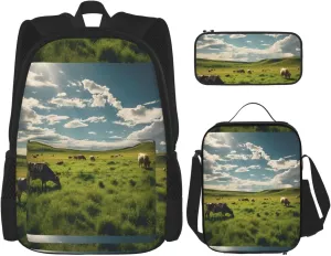 Cattle Farm Sanctuary Print Unisex Stylish Travel Backpack Set With Insulated Lunch Bag,Adjustable Straps