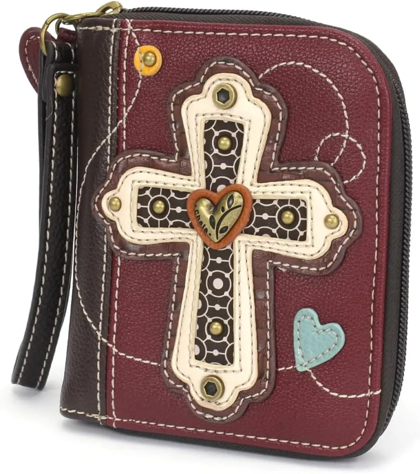 CHALA Zip Around Wallet, Wristlet, 8 Credit Card Slots, Sturdy Pu Leather - Cross - Maroon