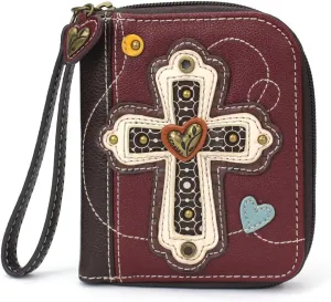 CHALA Zip Around Wallet, Wristlet, 8 Credit Card Slots, Sturdy Pu Leather - Cross - Maroon