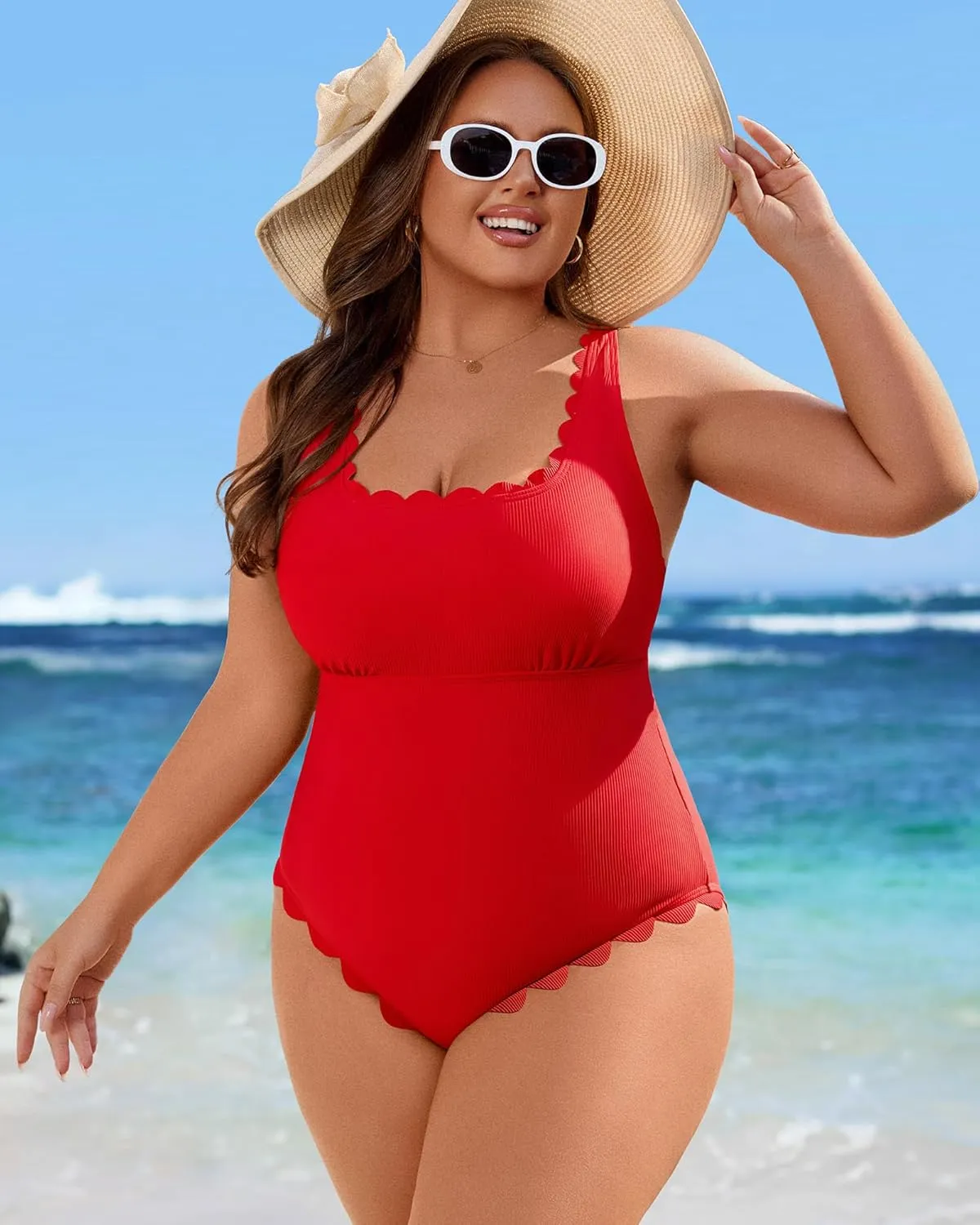 Charmo Womens Scalloped Ribbed One Piece Swimsuits Retro Square Neck Modest Bathing Suits