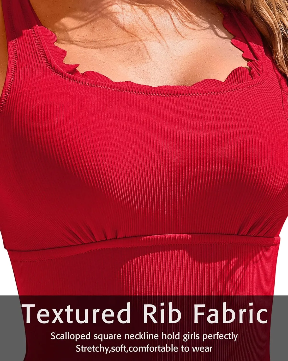 Charmo Womens Scalloped Ribbed One Piece Swimsuits Retro Square Neck Modest Bathing Suits