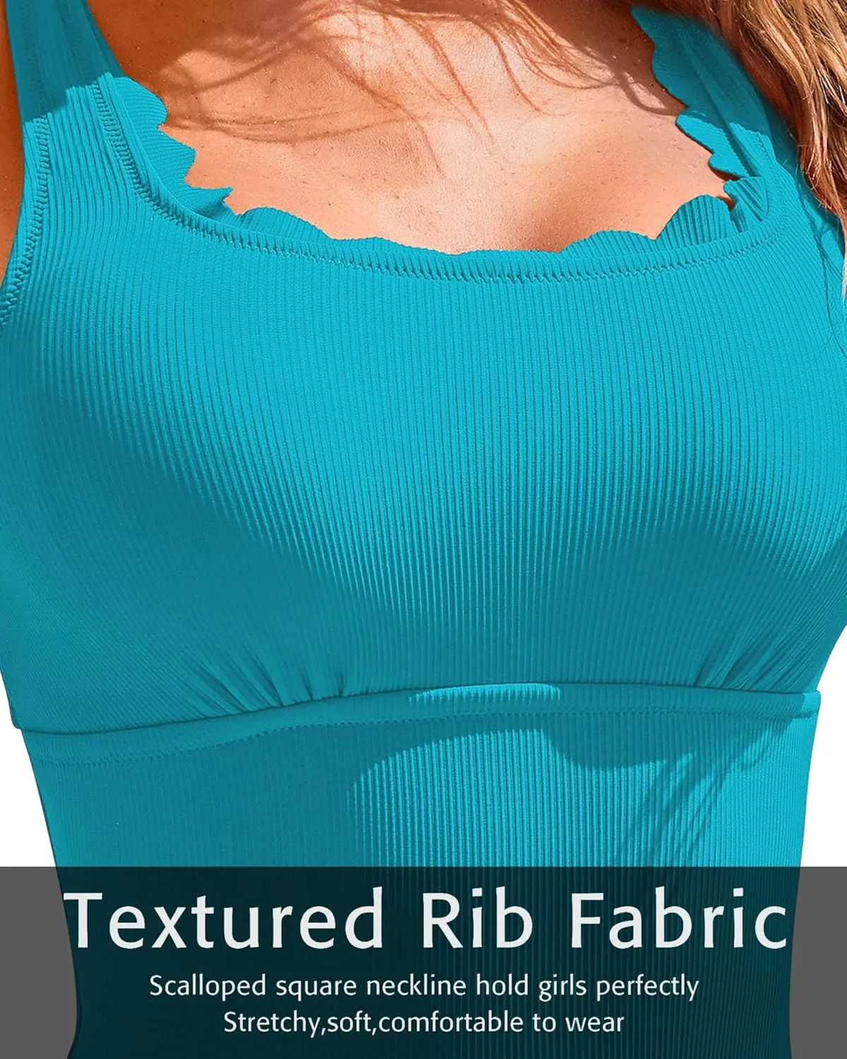 Charmo Womens Scalloped Ribbed One Piece Swimsuits Retro Square Neck Modest Bathing Suits