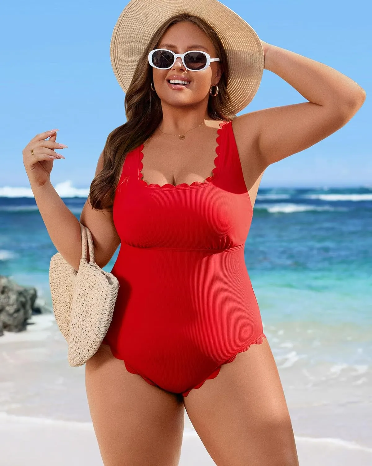 Charmo Womens Scalloped Ribbed One Piece Swimsuits Retro Square Neck Modest Bathing Suits