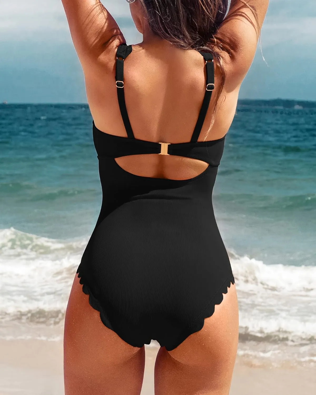 Charmo Womens Scalloped Ribbed One Piece Swimsuits Retro Square Neck Modest Bathing Suits
