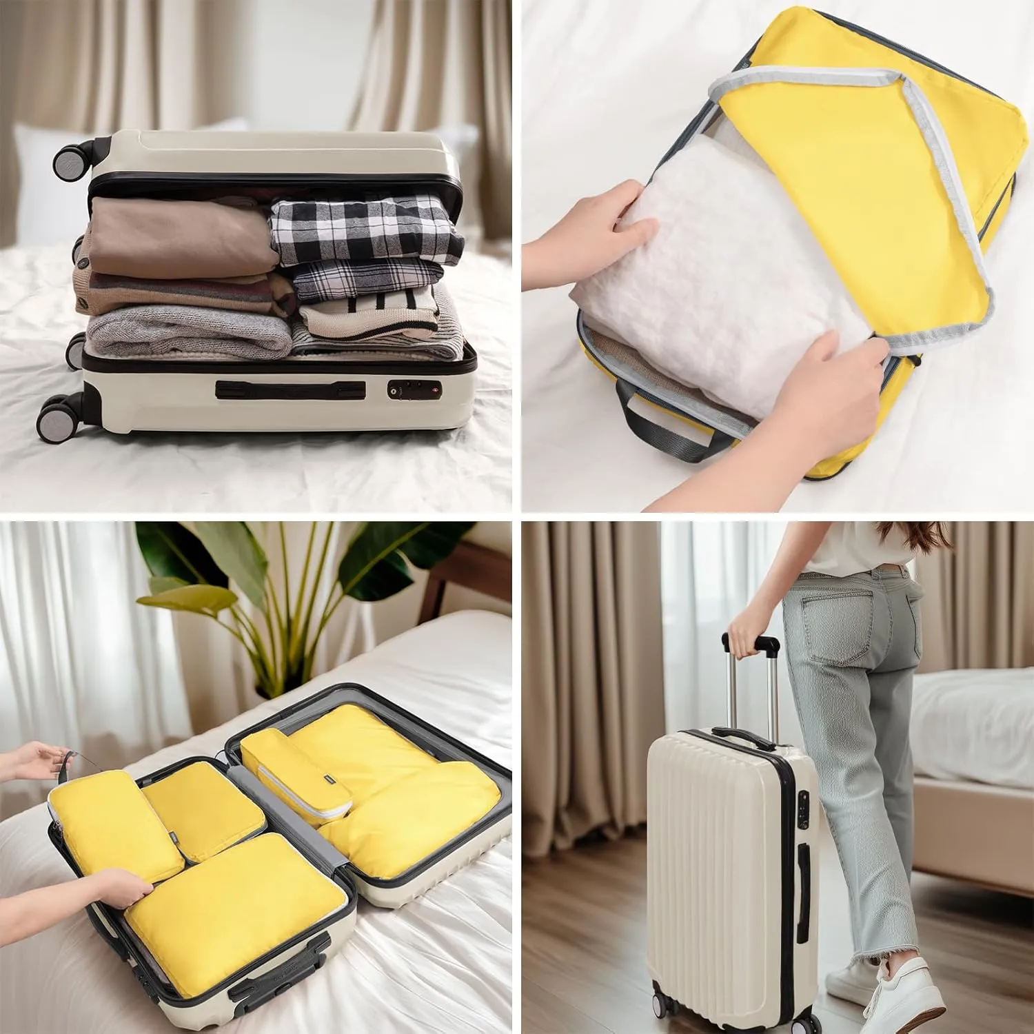 CherryNow Compression Packing Cubes, 7 Set Packing Cubes for Travel Compression, Suitcase Organizers, Travel Bags for Shoes, Clothing, Yellow
