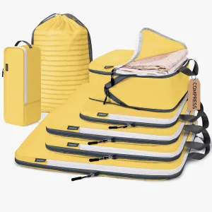CherryNow Compression Packing Cubes, 7 Set Packing Cubes for Travel Compression, Suitcase Organizers, Travel Bags for Shoes, Clothing, Yellow