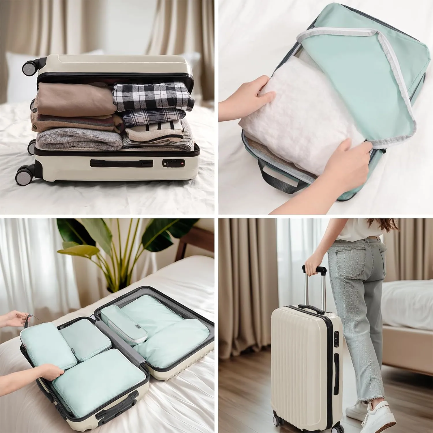 CherryNow Compression Packing Cubes, 7 Set Packing Cubes for Travel, Travel Essentials for Suitcase, Luggage Organizer Bags for Travel with Shoe Bag, Grey Blue