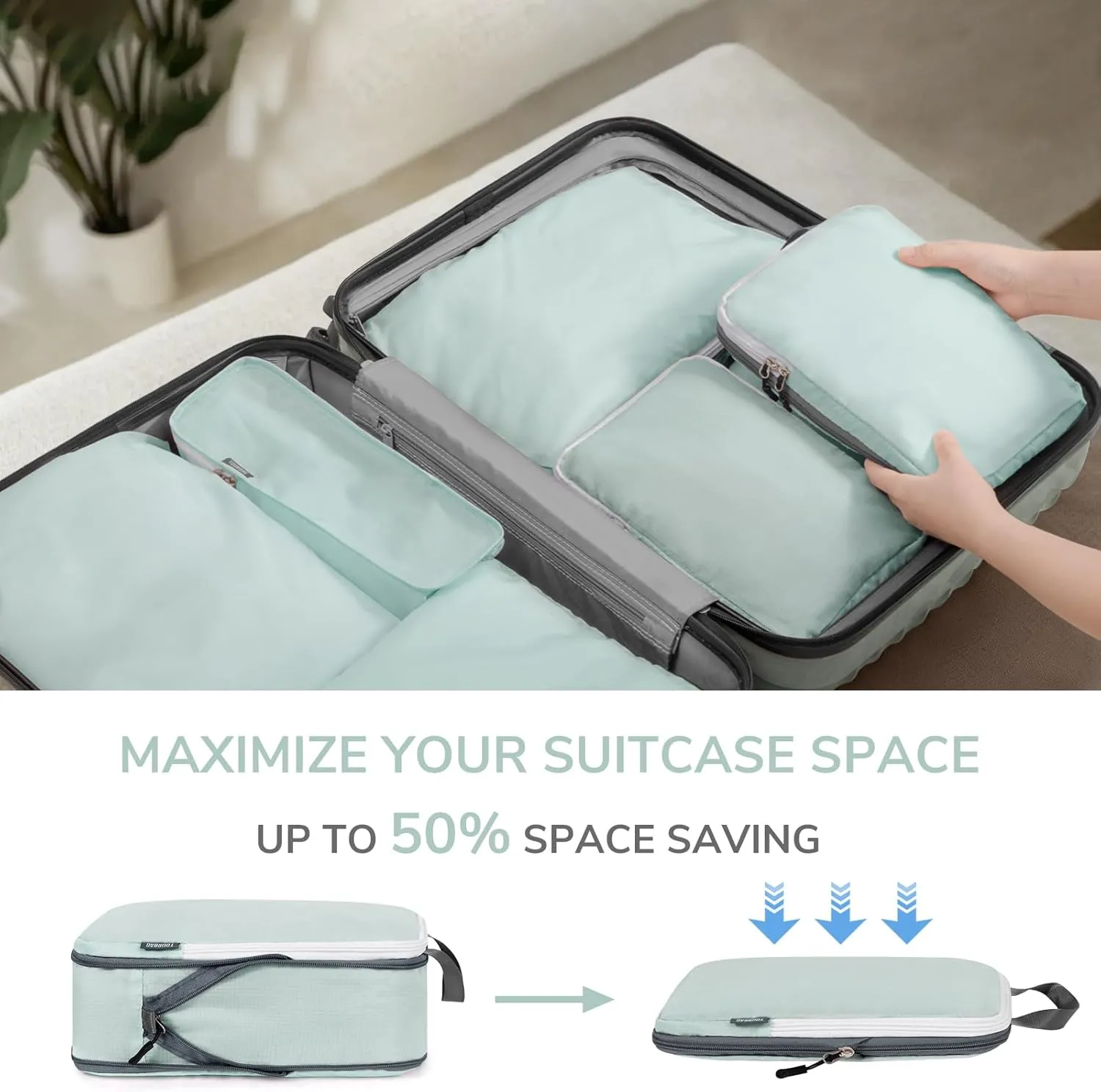 CherryNow Compression Packing Cubes, 7 Set Packing Cubes for Travel, Travel Essentials for Suitcase, Luggage Organizer Bags for Travel with Shoe Bag, Grey Blue